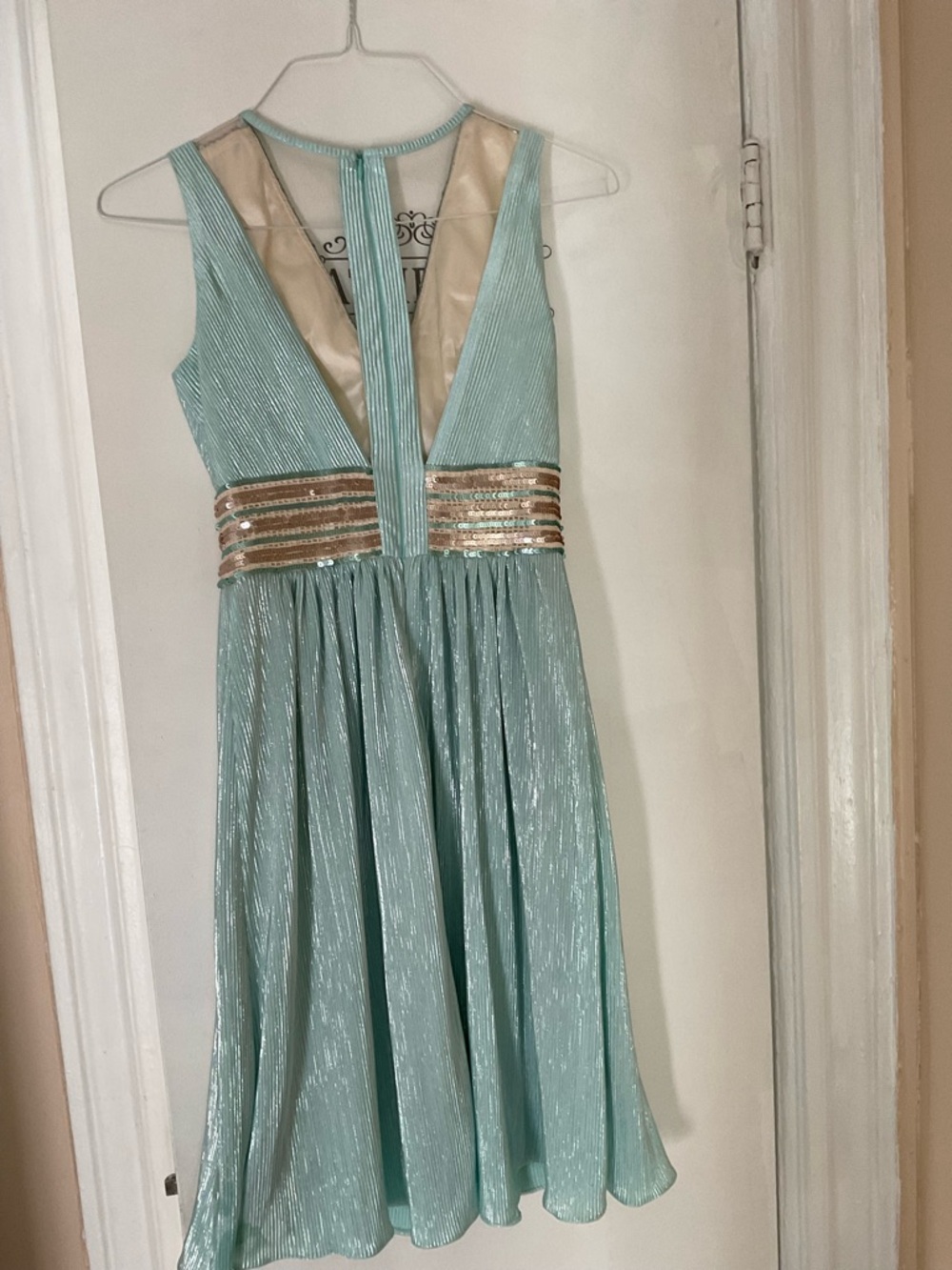 Sleeveless Aqua Midi Dress with Gold Trim - Picture 2 of 2